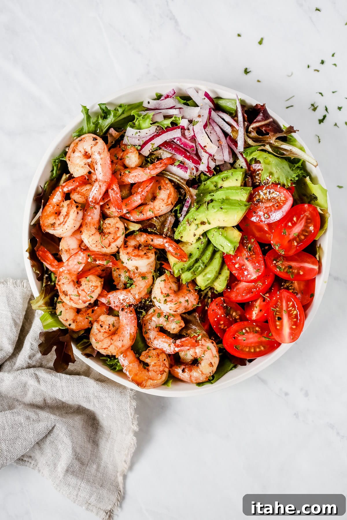 Bright Shrimp and Ripe Tomato Salad 2 Overhead photo of a vibrant bowl of Super Fresh Shrimp Tomato Salad with a Dijon lemon dressing.