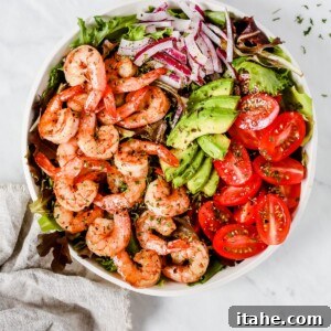 Bright Shrimp and Ripe Tomato Salad 4 Overhead photo of a bowl of shrimp tomato salad.