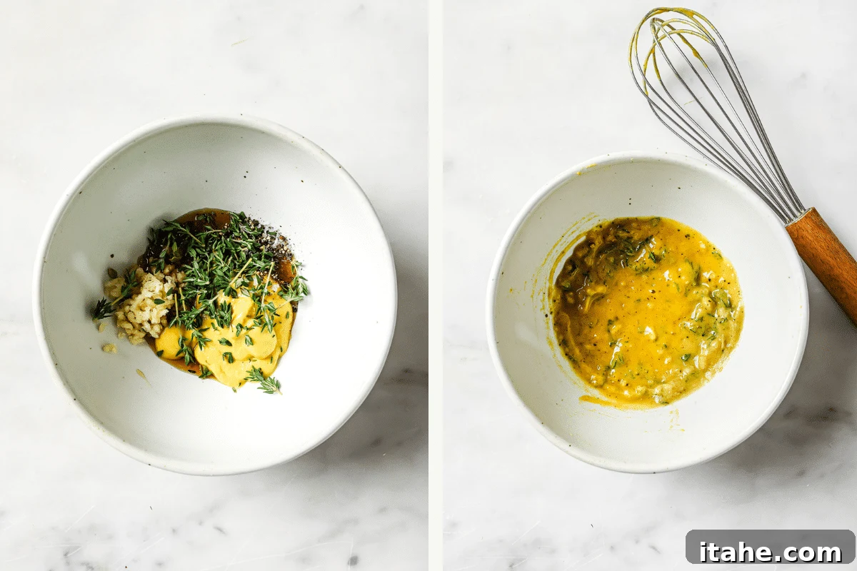 Left: glaze ingredients in a bowl. Right: glaze mixed together.