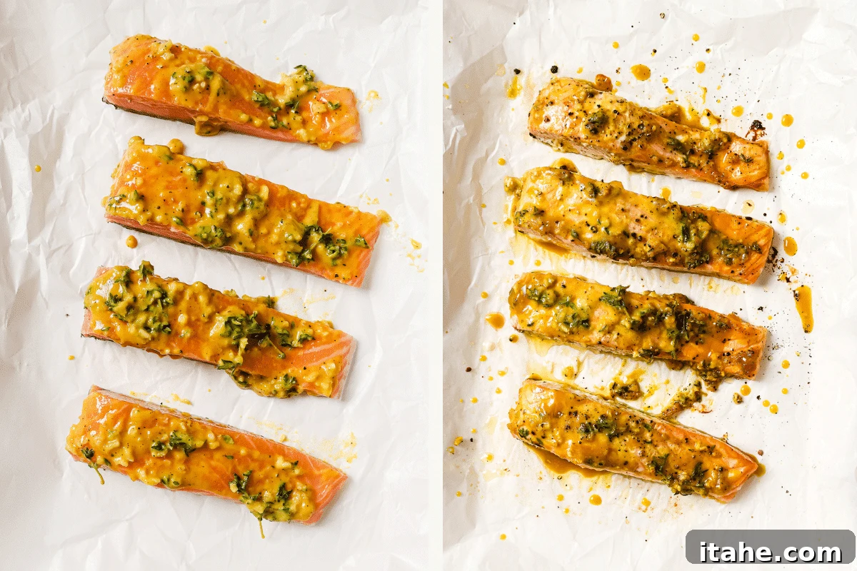 Left: unbaked salmon brushed with glaze. Right: baked salmon on parchment paper.