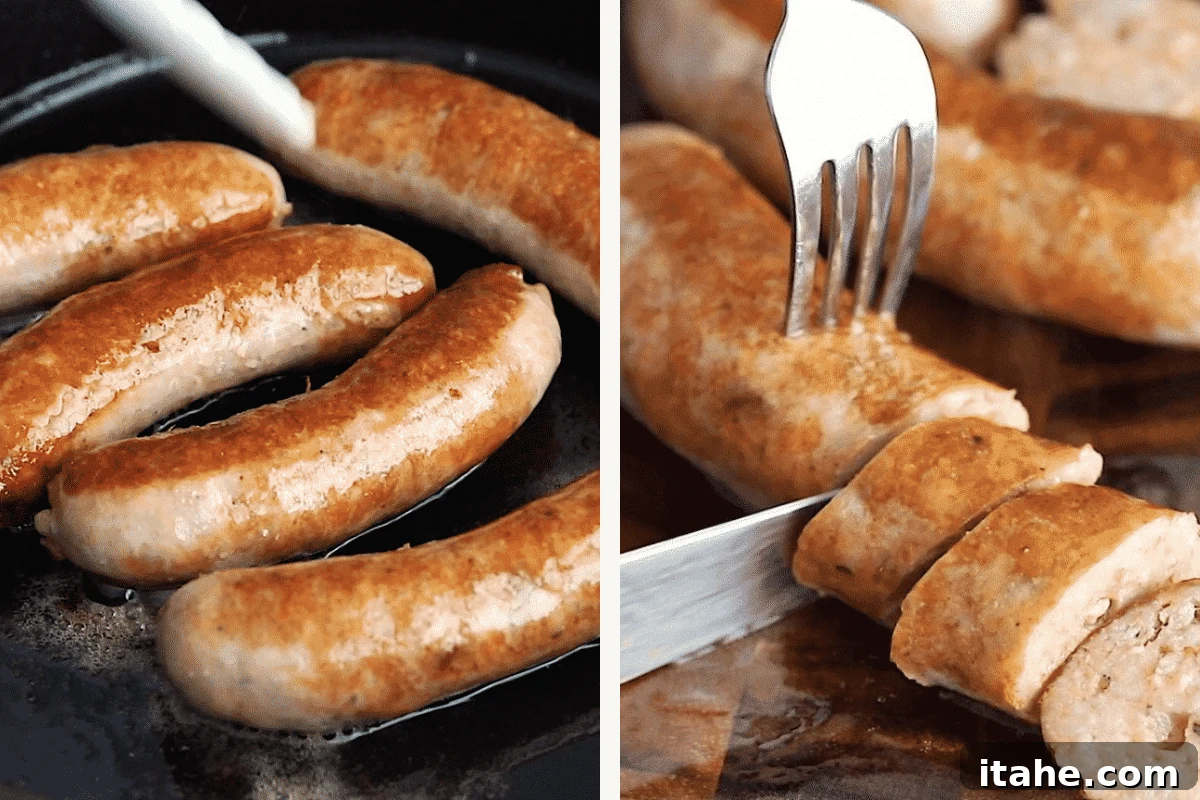 close up view of Italian sausage browning in a skillet.