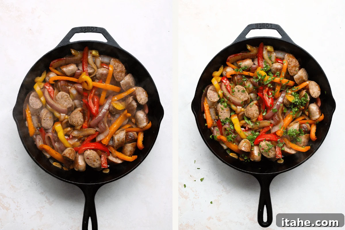 bell pepper and sausage in a cast iron skillet, ready to serve