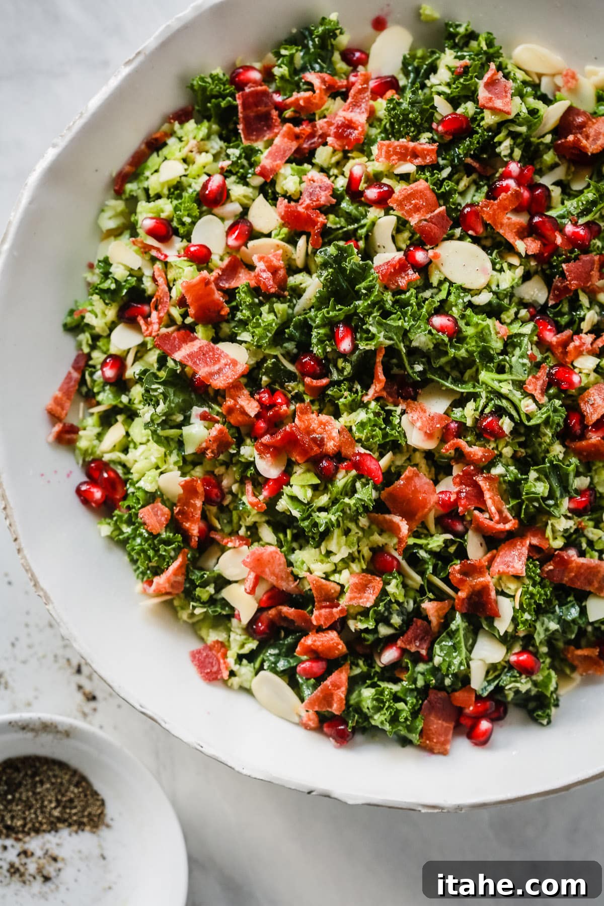 Shredded Brussels Sprout Salad, a vibrant mix of green, red, and golden hues