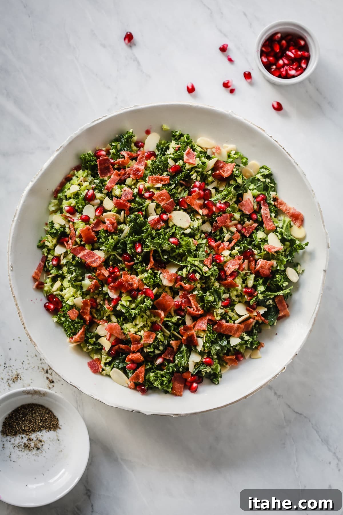 Shredded Brussels Sprout Salad presented on a serving platter