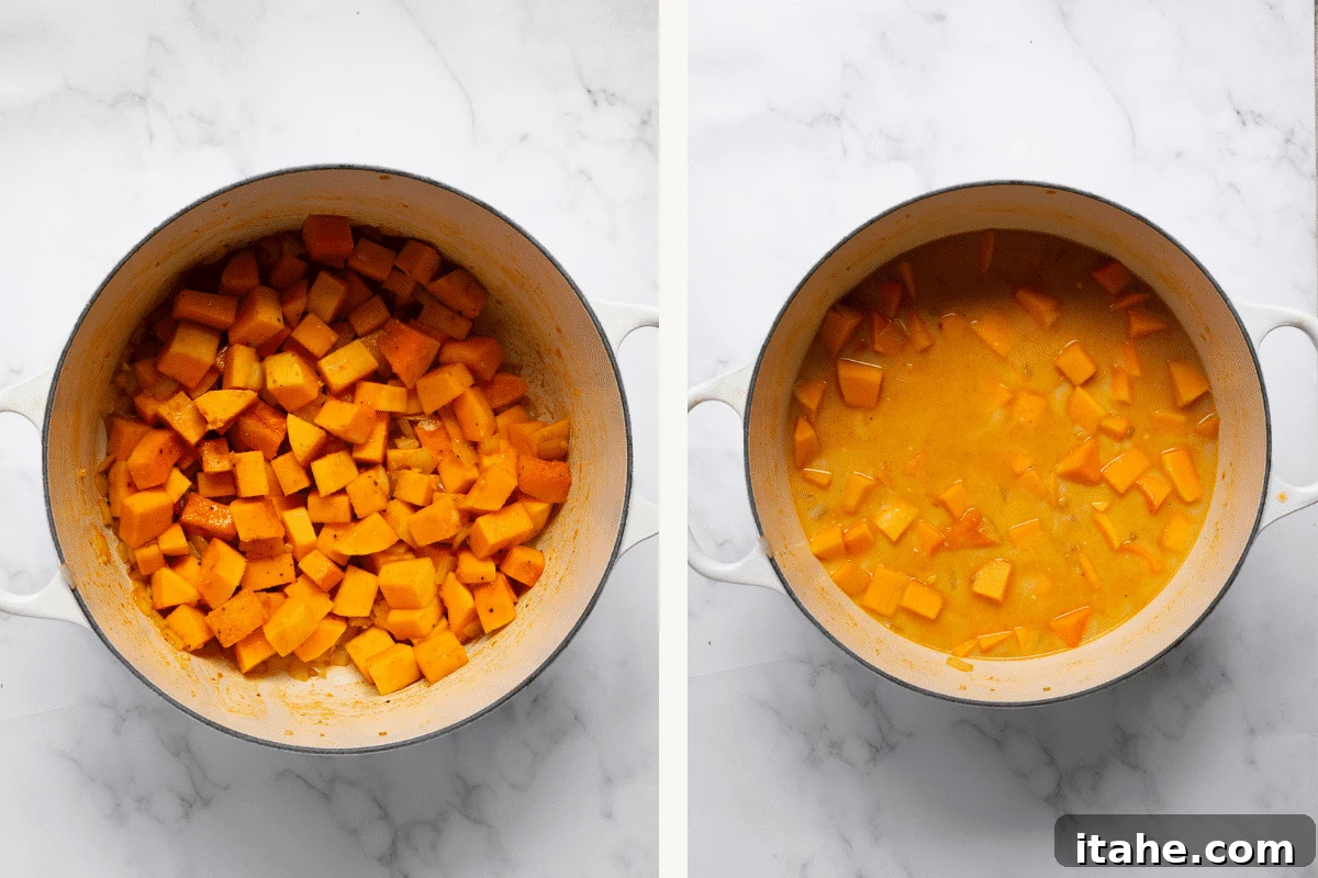 Left: cooked veggies in a pot. Right: broth and almond milk added to pot.