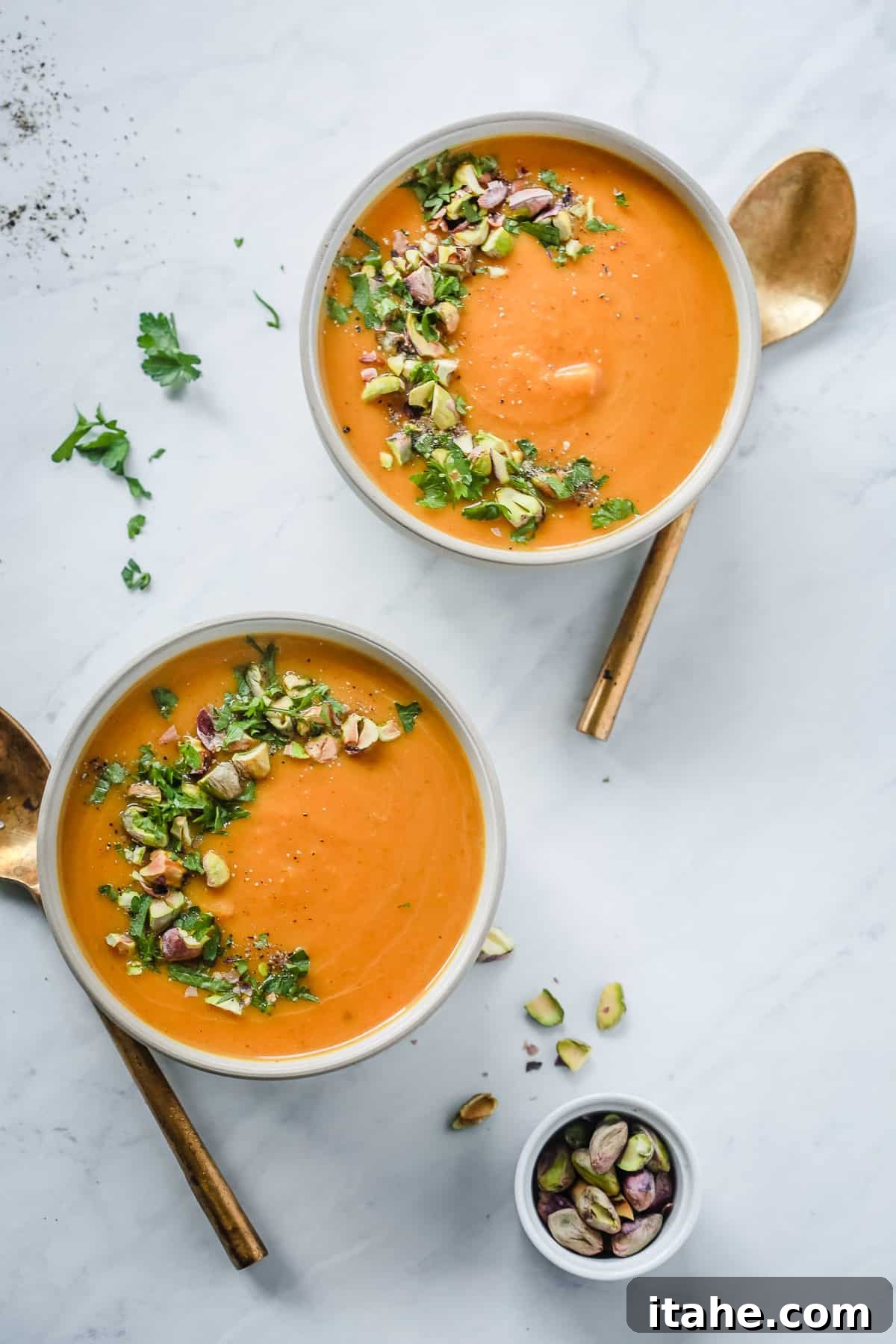 Two bowls of butternut squash soup with garnish on top.