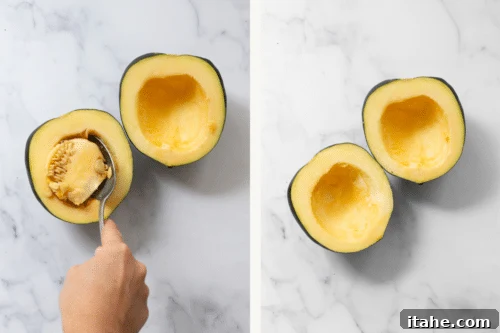 Caramelized Acorn Squash 9 Left: a spoon removing seeds from the acorn squash. Right: seasoned raw squash