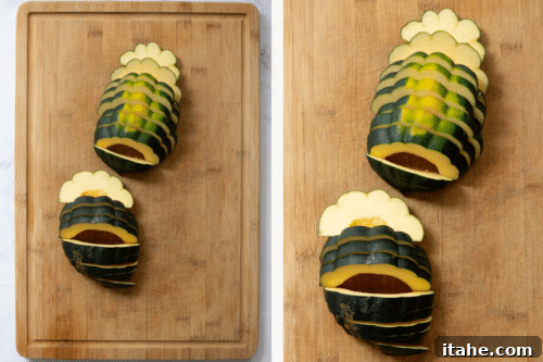 Caramelized Acorn Squash 10 sliced acorn squash on a wooden board.