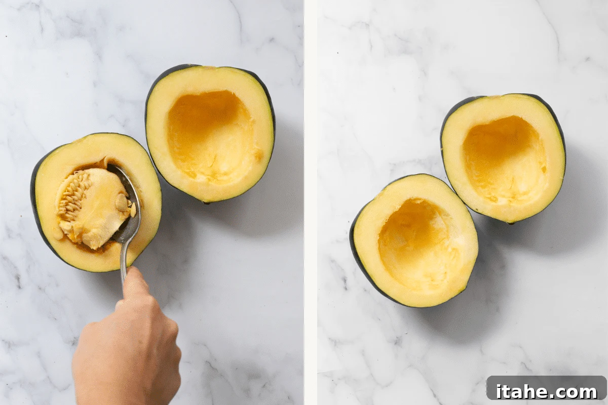 Caramelized Acorn Squash 4 Acorn squash cut in half. A hand of someone scooping the seeds.