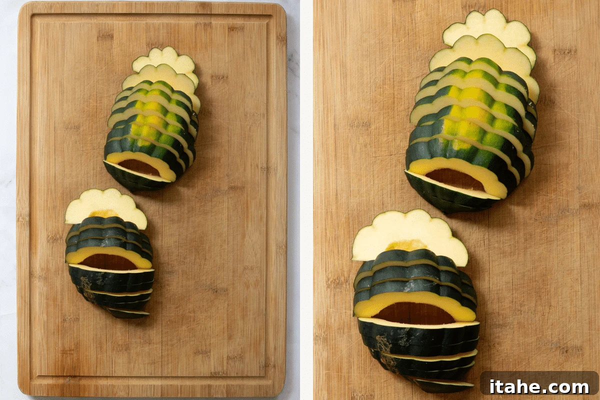 Caramelized Acorn Squash 5 acorn squash sliced on a wooden cutting board.