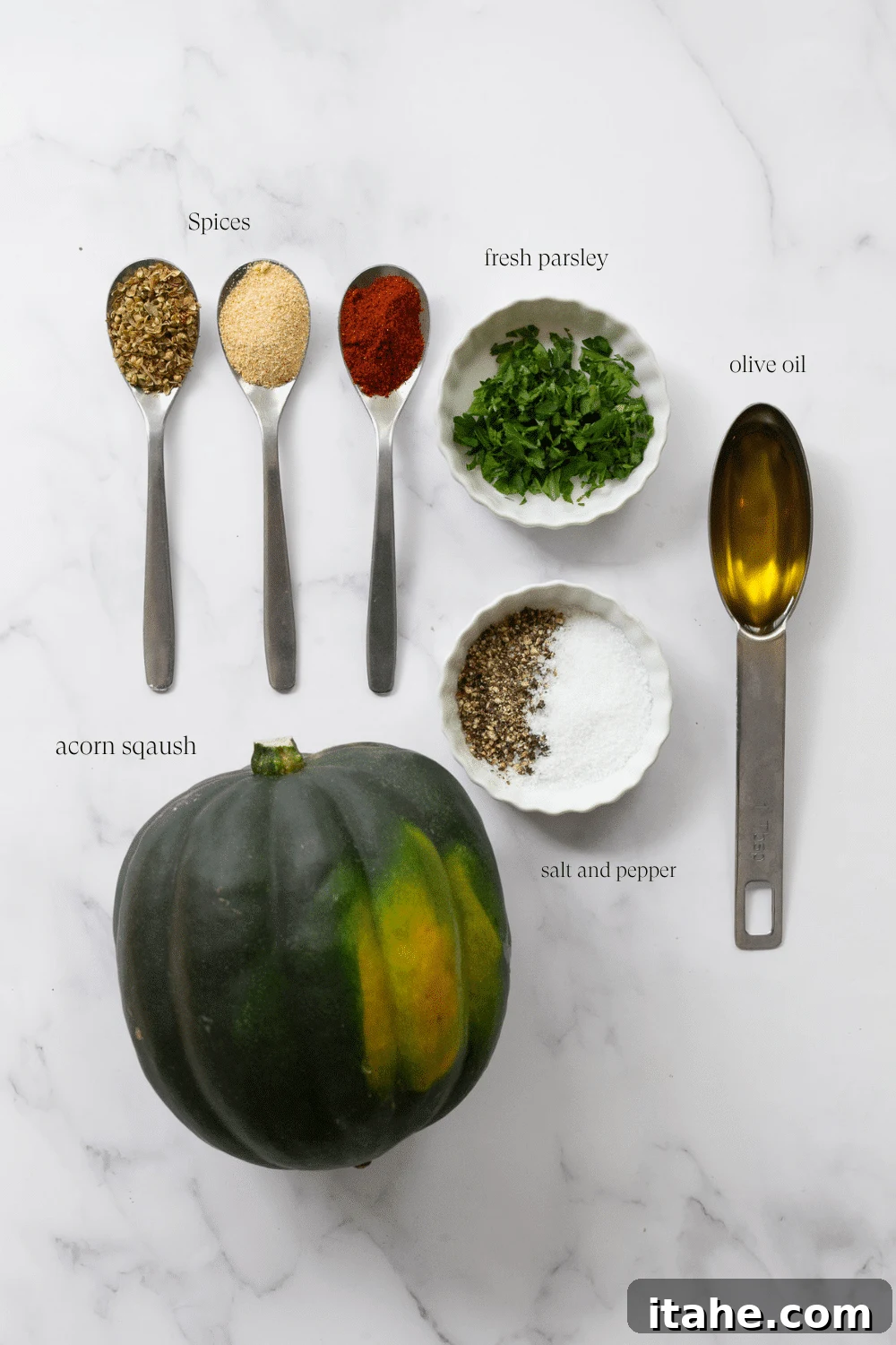 Caramelized Acorn Squash 6 ingredients on the countertop to make roasted acorn squash