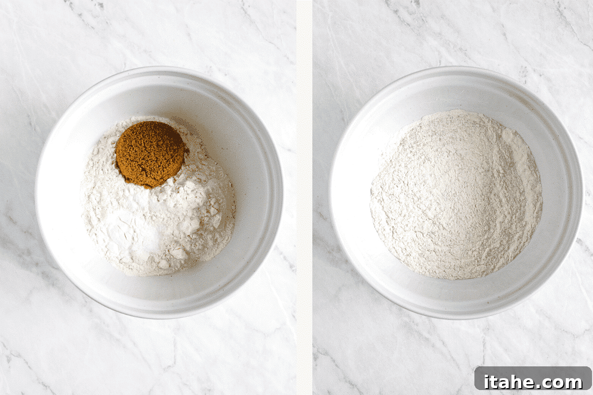 Left: dry ingredients in bowl. Right: dry ingredients mixed together in bowl. 