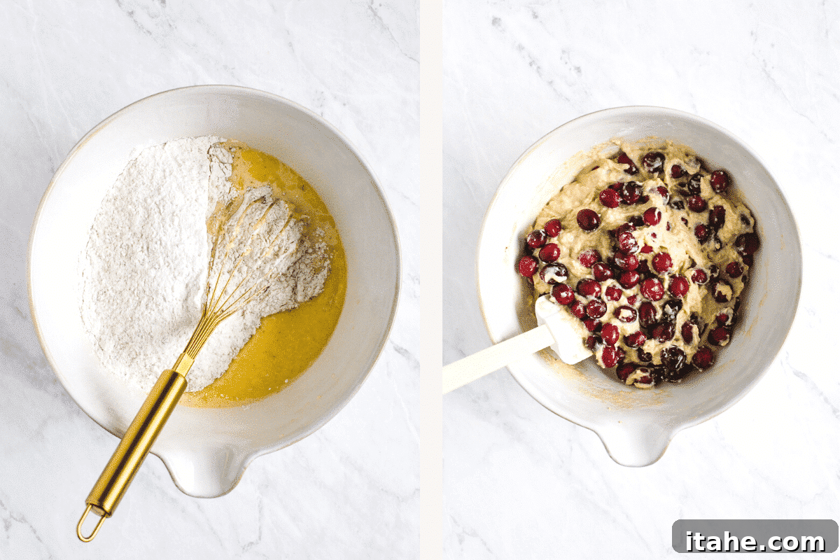 Left: wet and dry ingredients in one bowl. Right: cranberries folded into batter.