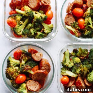 A prepared One-Pan Italian Sausage Meal-Prep Bowl, showcasing the colorful ingredients ready to be cooked on a sheet pan.