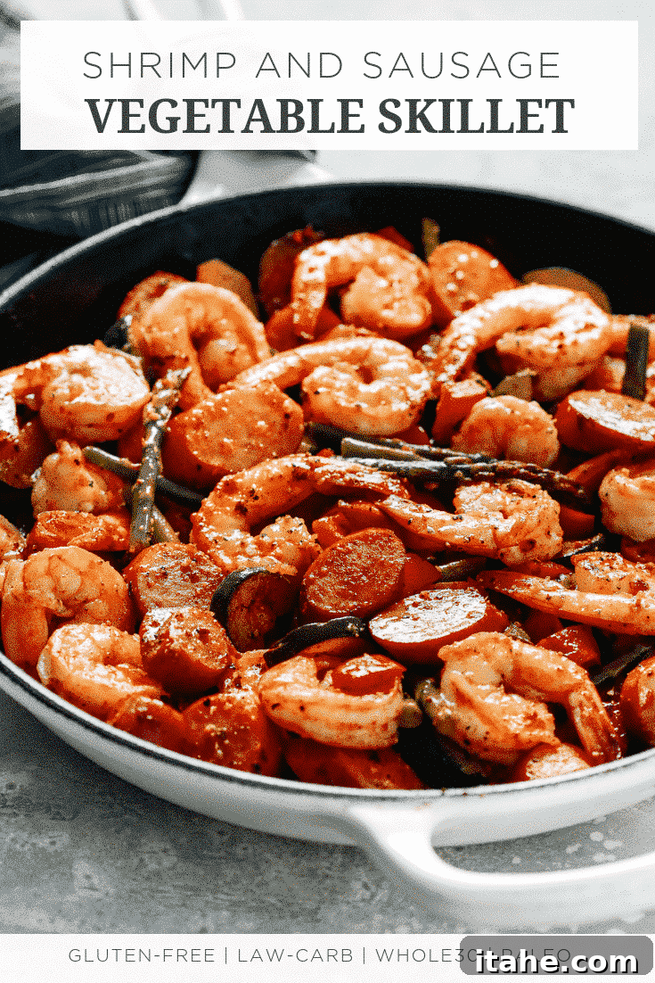 Shrimp and Sausage Vegetable Skillet (Meal-Prep) presented beautifully on a plate.