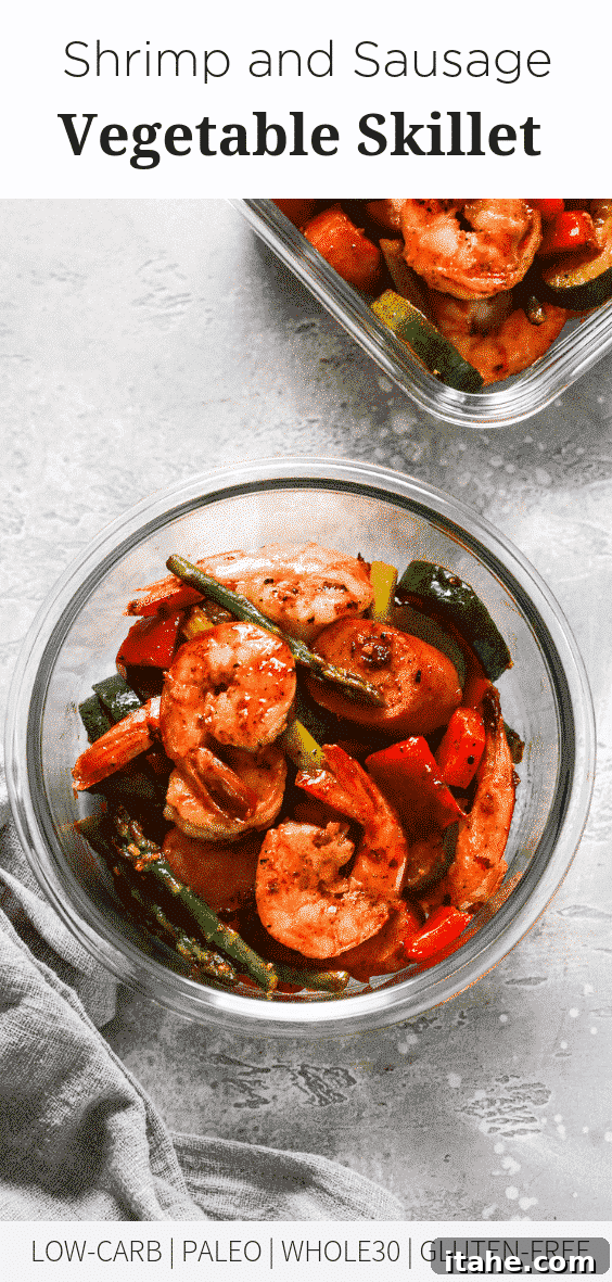Close-up of the delicious Shrimp and Sausage Vegetable Skillet meal.