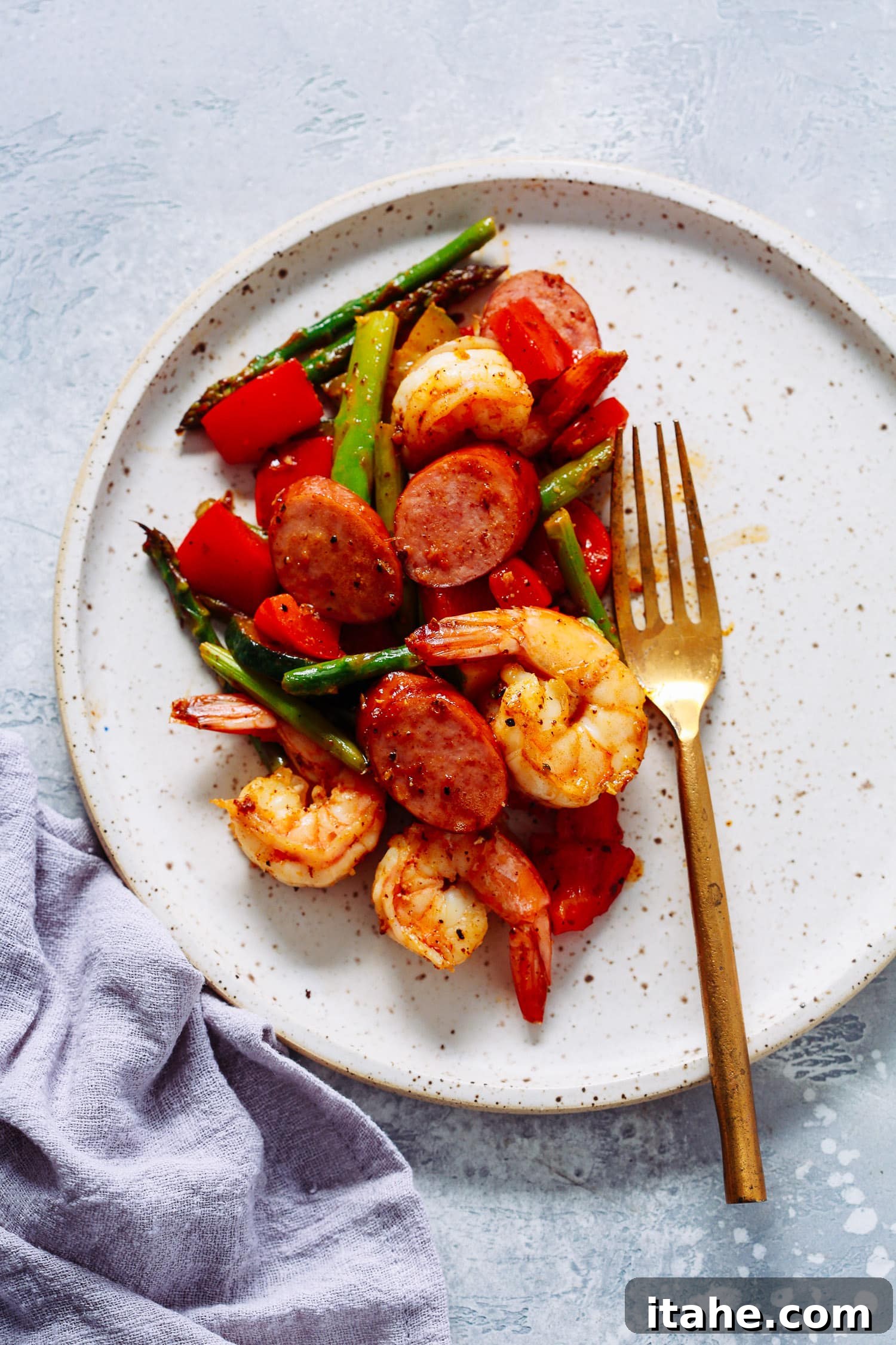 Healthy recipe for Shrimp and Sausage Skillet, showcasing fresh ingredients.