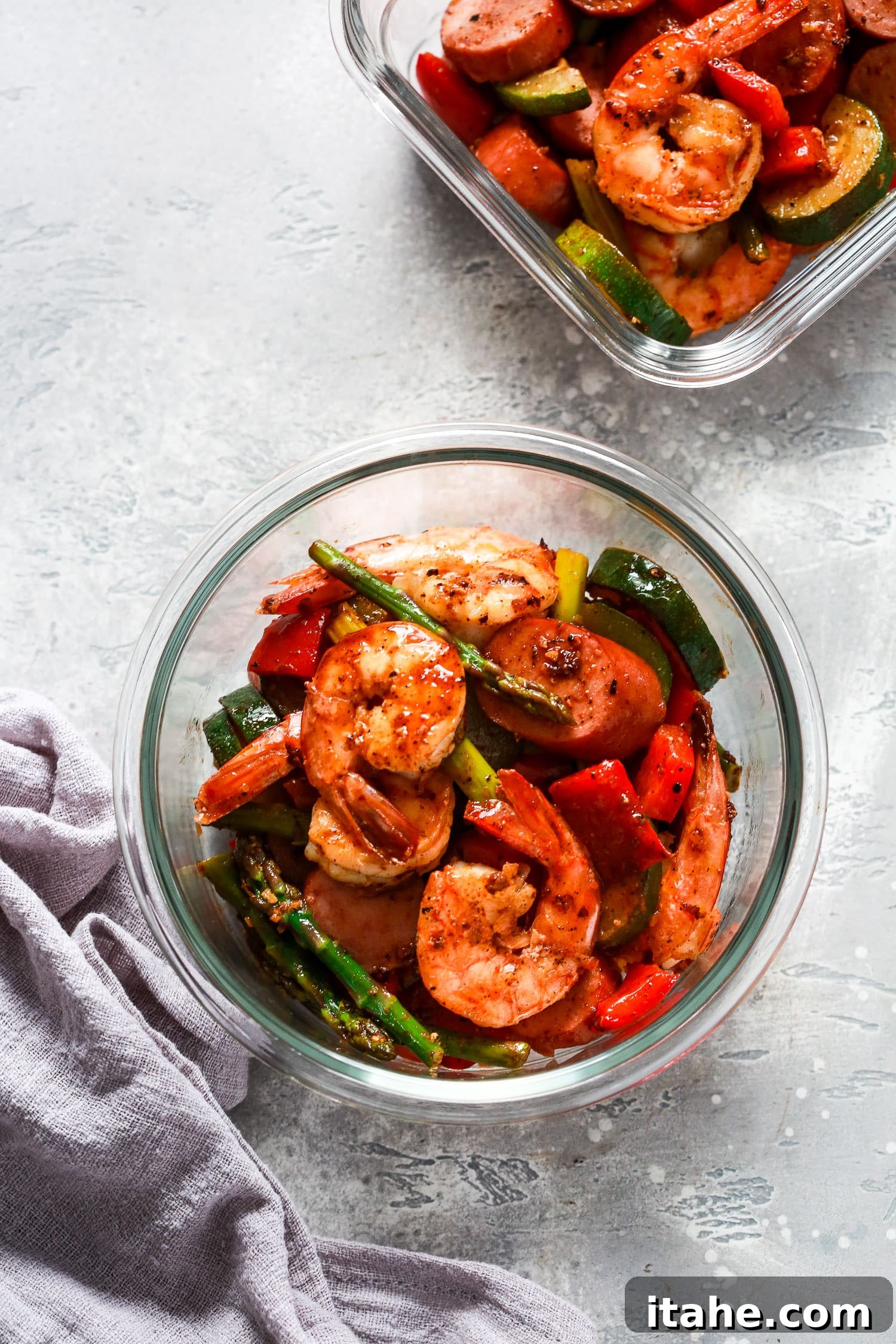 Shrimp and Sausage Vegetable Meal-Prep ready for serving.