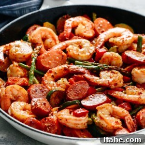 Shrimp and Sausage Vegetable Skillet, a wholesome one-pan dish.