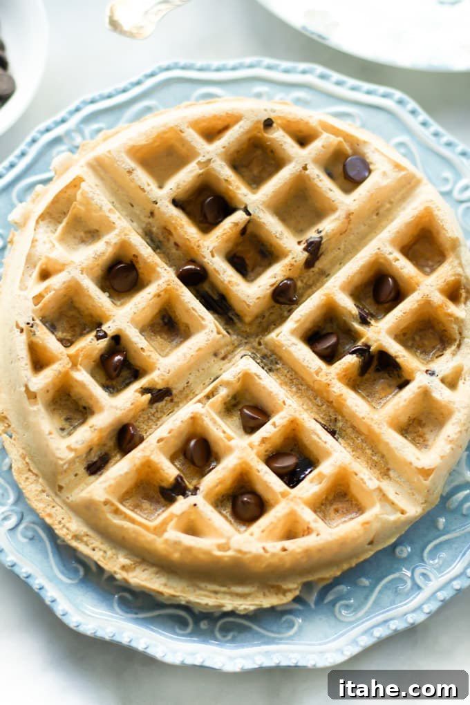 Close up shot of a fluffy almond butter waffle with visible dark chocolate chips, ready to be enjoyed.