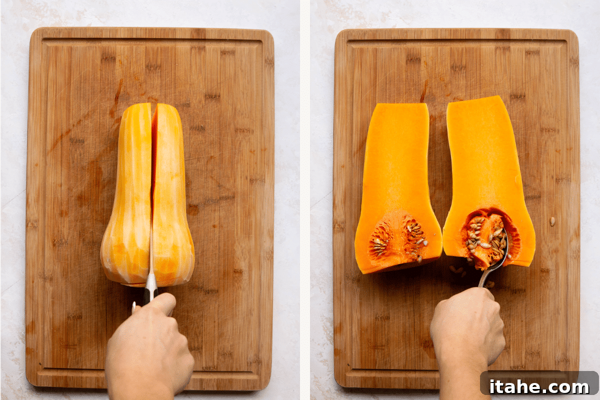 left: peeled butternut squash on a wooden board. Scooping the seeds with a spoon. 