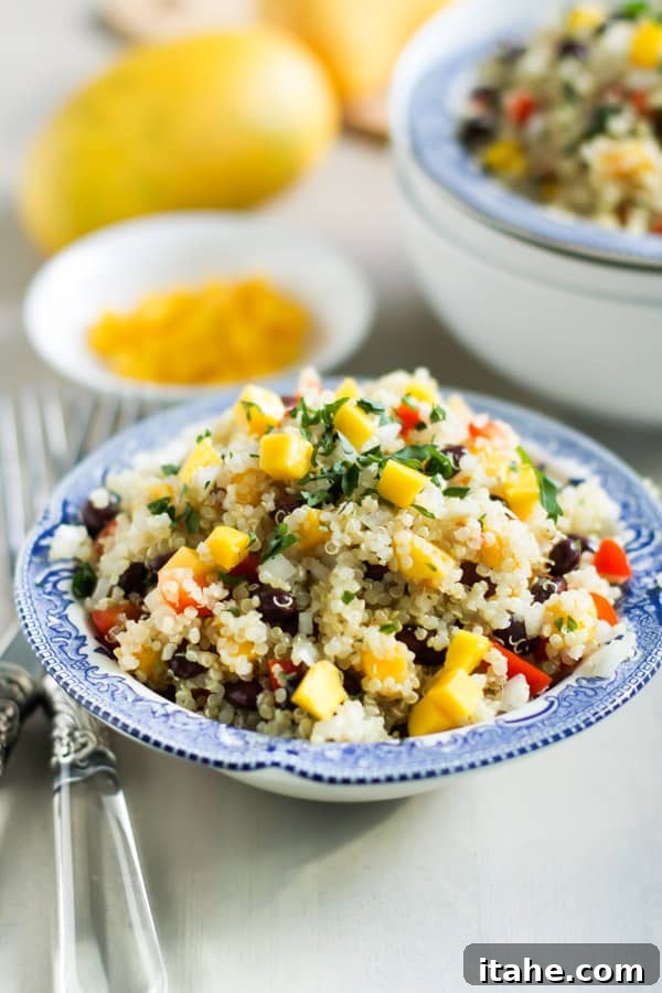 Mango Quinoa Salad Mango Quinoa Salad Primavera Kitchen Recipe - Close-up of fresh mango and black beans in a healthy quinoa salad.