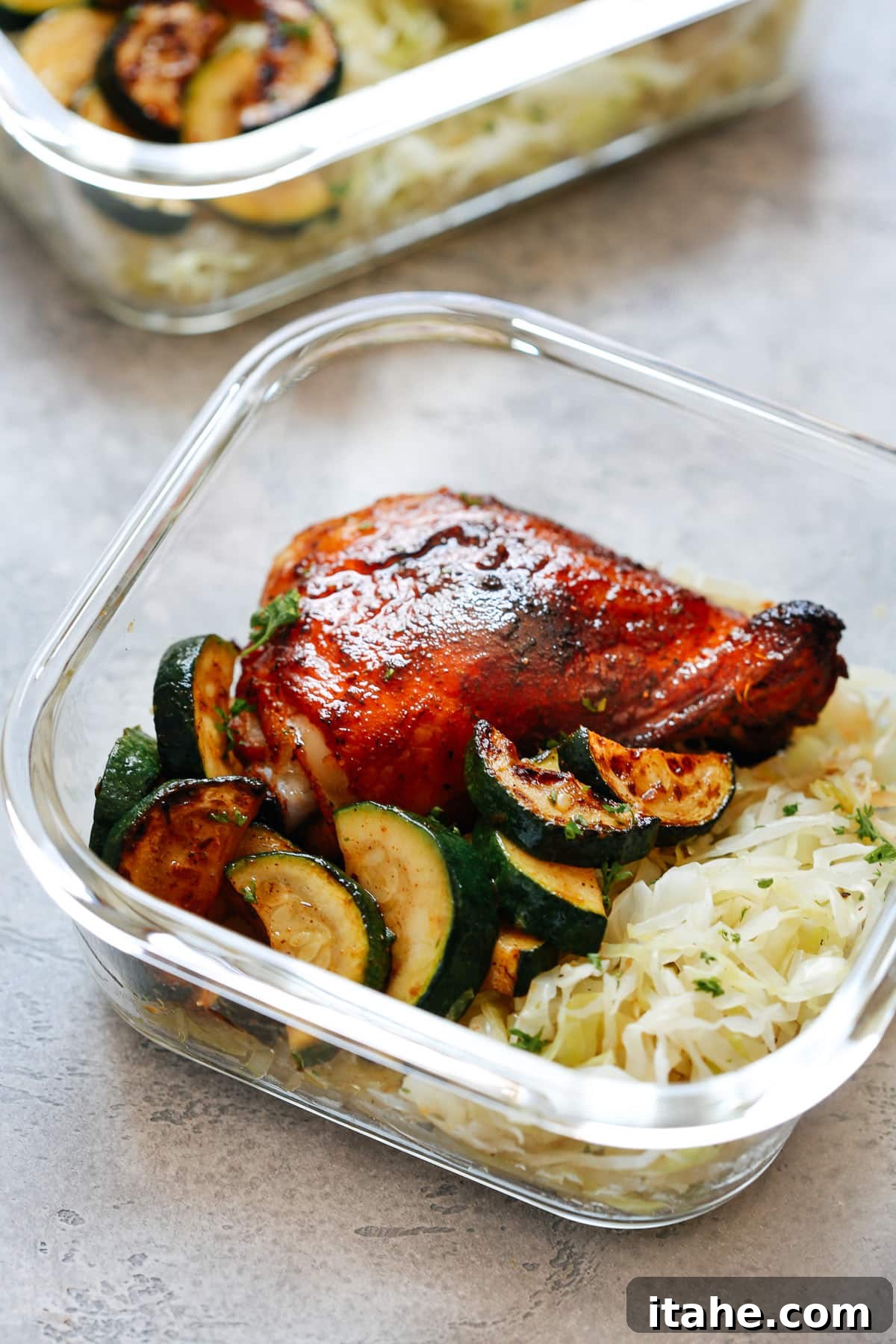 Close-up of spicy chicken and cabbage meal prep dinner
