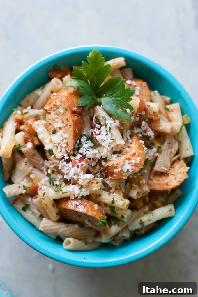 Close-up of Sausage Quinoa Pasta – Rich tomato sauce