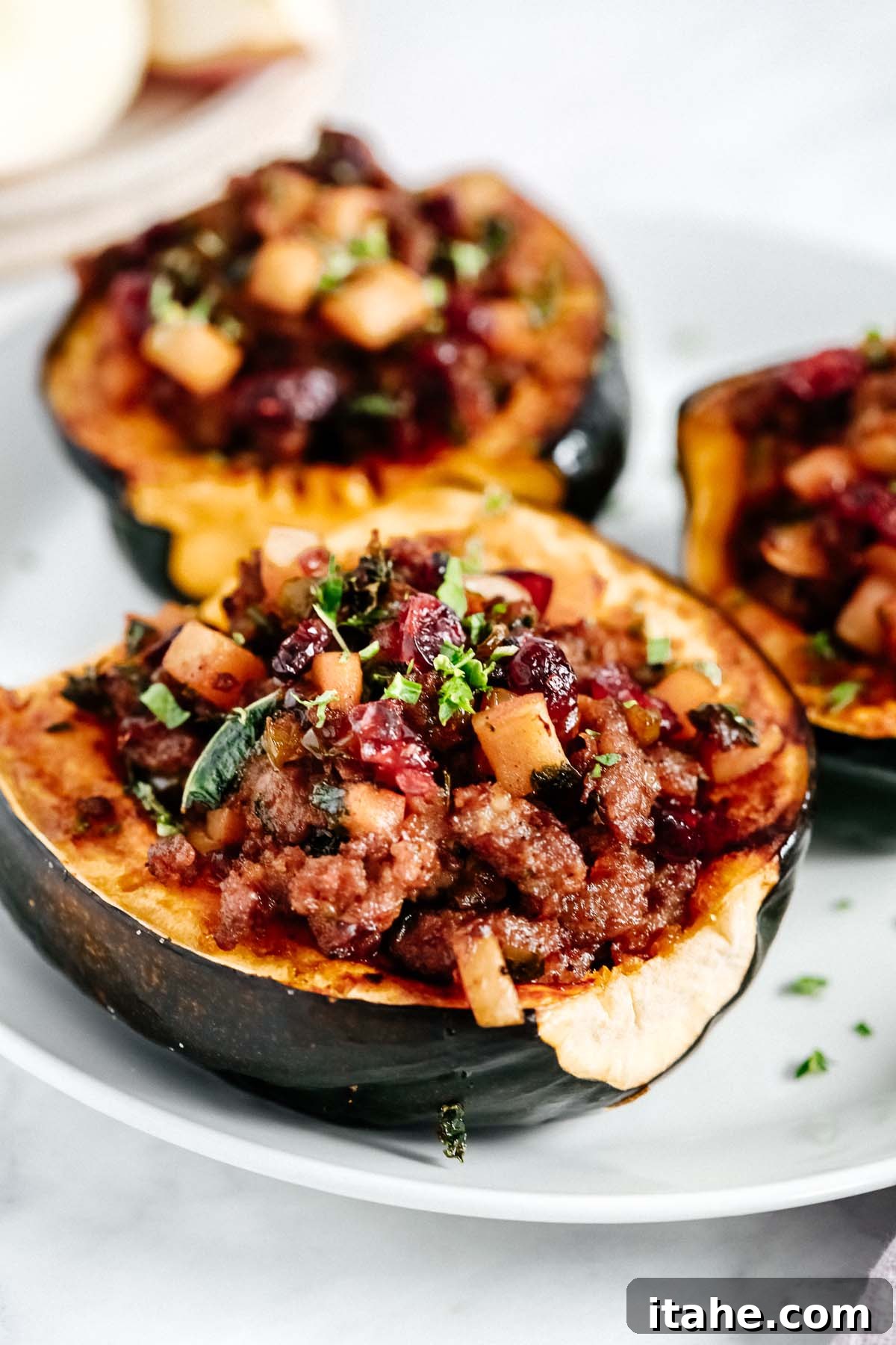 Savory Sausage Acorn Squash Boats 2 Close up of Sausage Stuffed Acorn Squash.