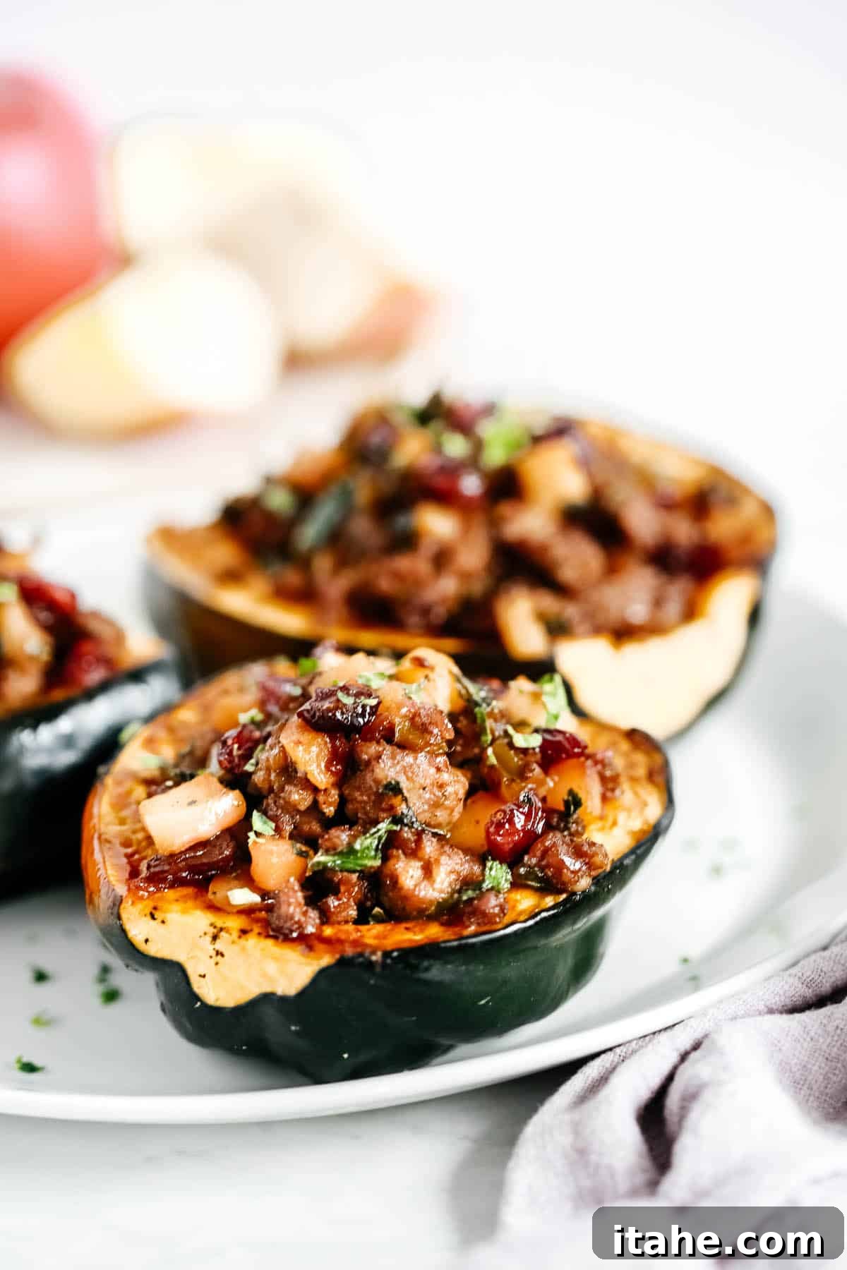 Savory Sausage Acorn Squash Boats 3 Close up of Sausage Stuffed Acorn Squash.