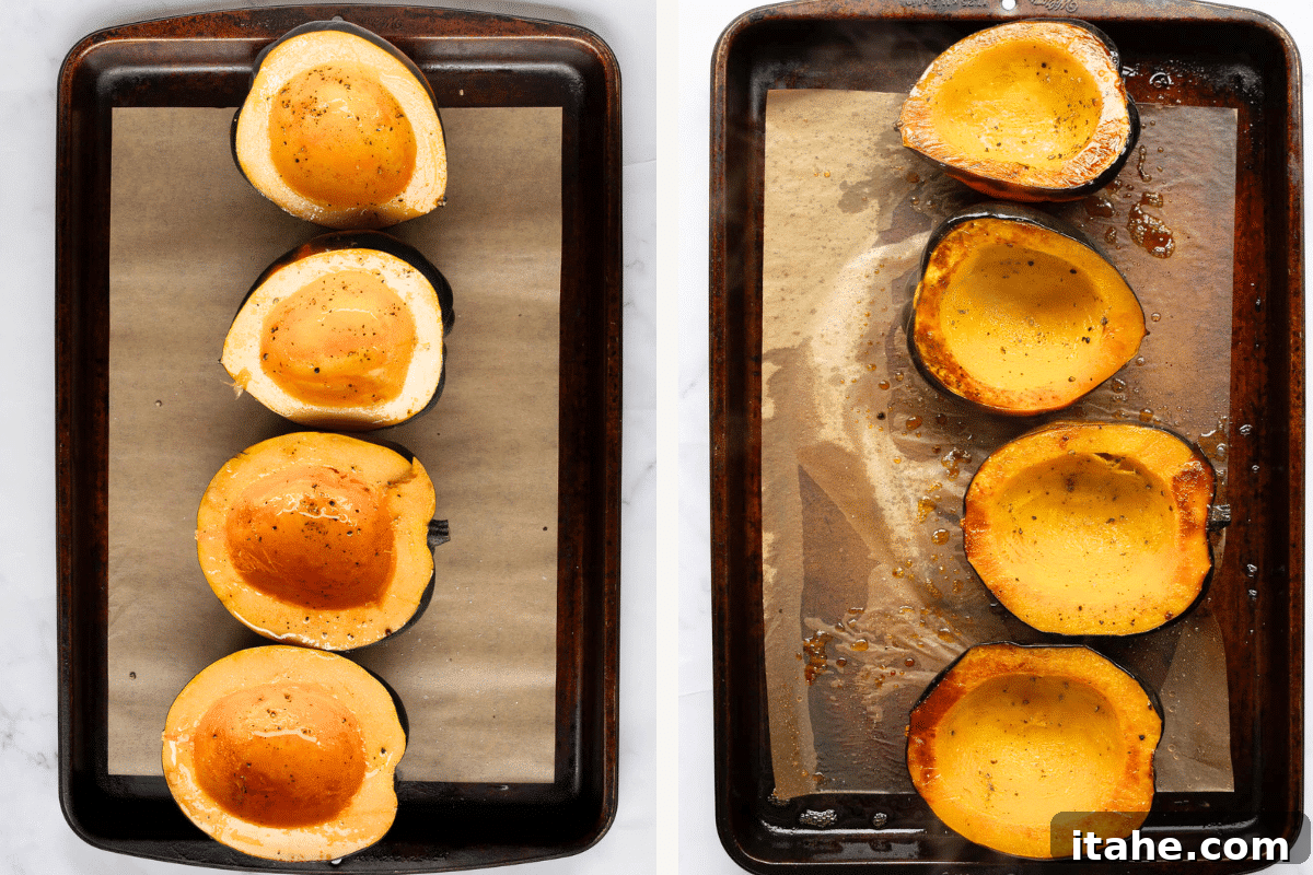 Savory Sausage Acorn Squash Boats 5 Left: Seasoned acorn squash on a baking sheet. Right: Roasted acorn squash.