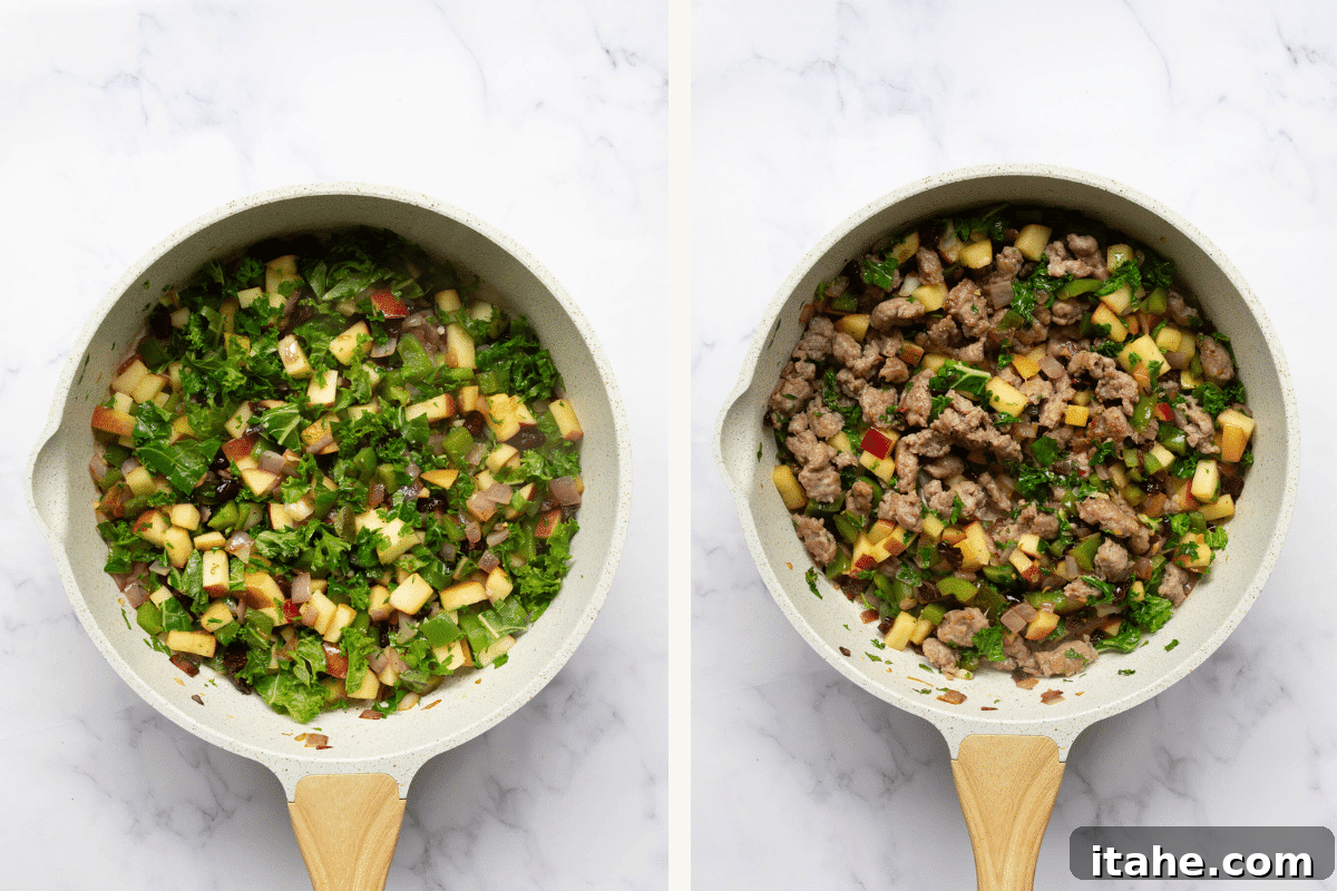 Savory Sausage Acorn Squash Boats 7 Left: Apple, kale, and cranberries added to the skillet. Right: Sausage added to the skillet.