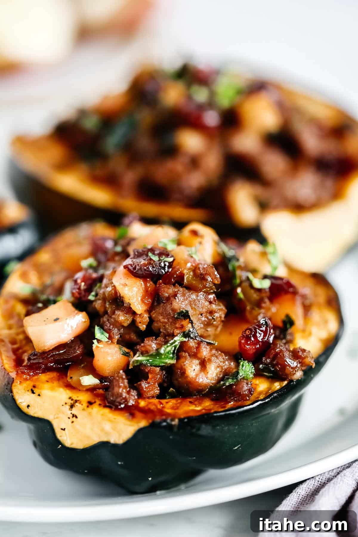 Savory Sausage Acorn Squash Boats 8 Close up of Sausage Stuffed Acorn Squash.