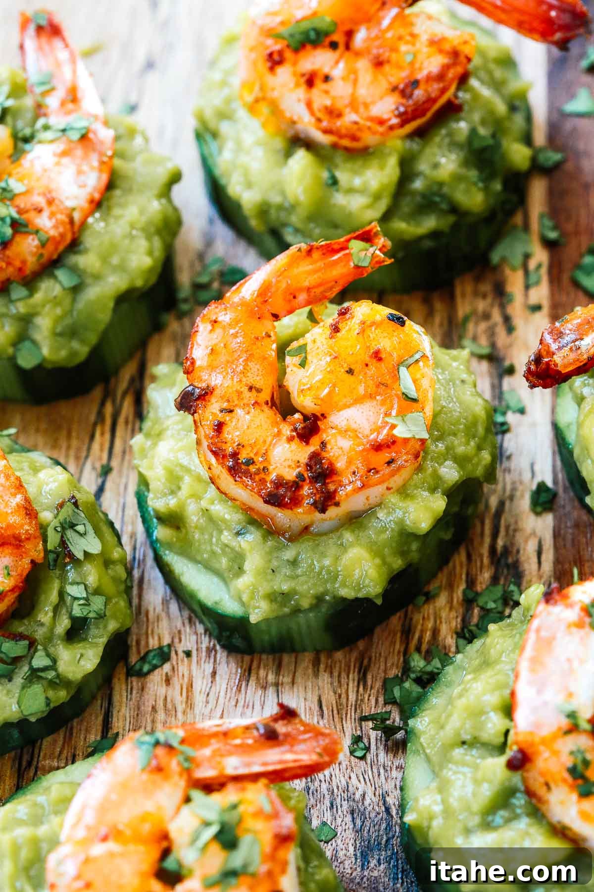 Close up of a shrimp guacamole bites. 