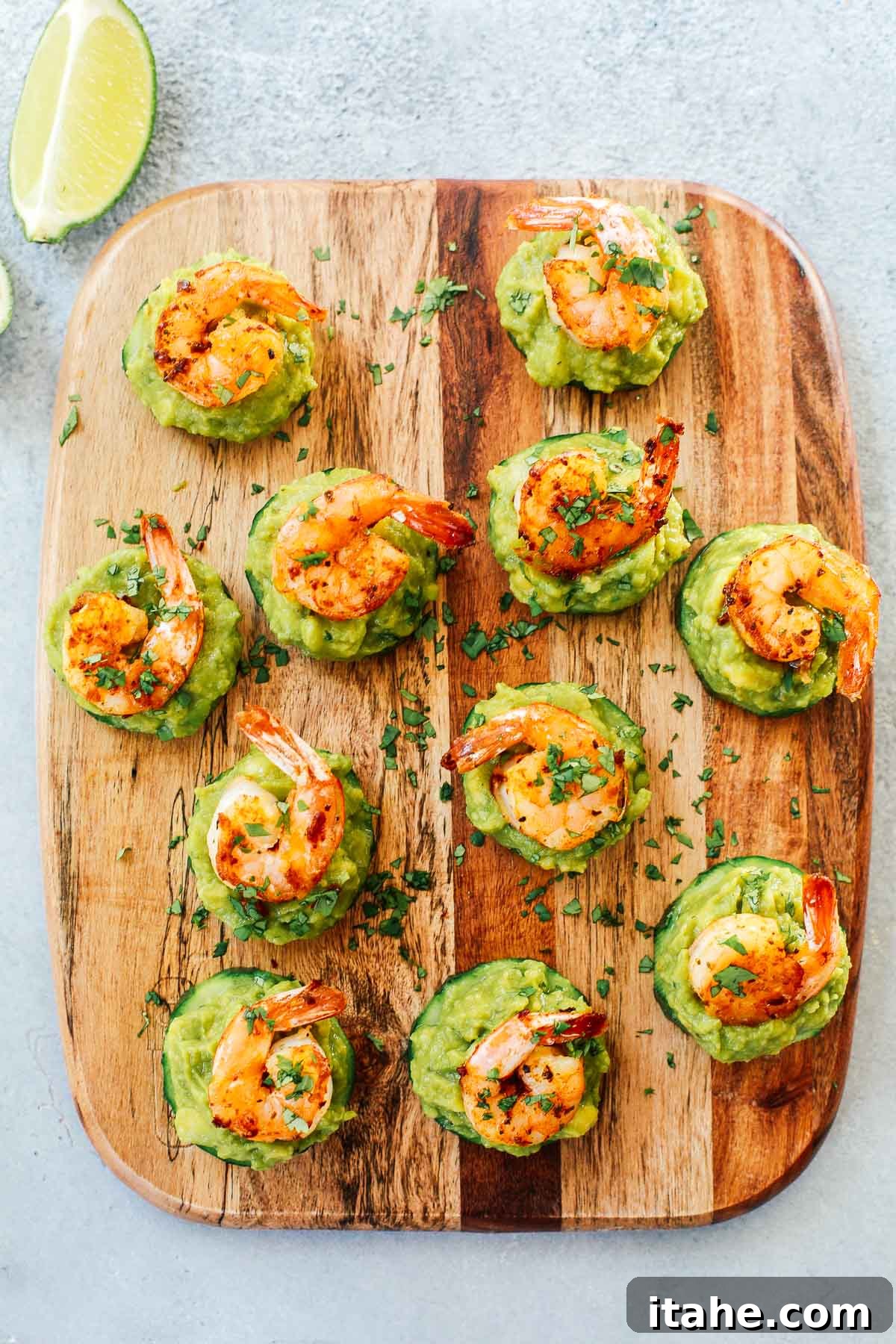 Overhead shot of Shrimp Guacamole Cucumber Bites