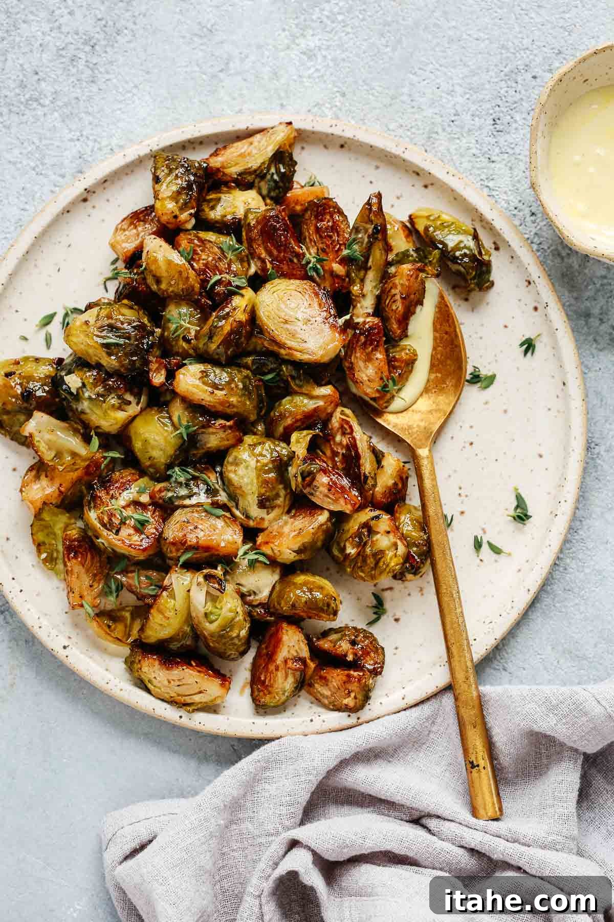 overhead view of perfectly roasted and caramelized Brussels sprouts on a stylish serving platter, ready to be enjoyed.
