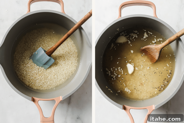 Left: uncooked quinoa and broth in a bowl. Right: garlic, salt, and pepper measured out in small bowls.