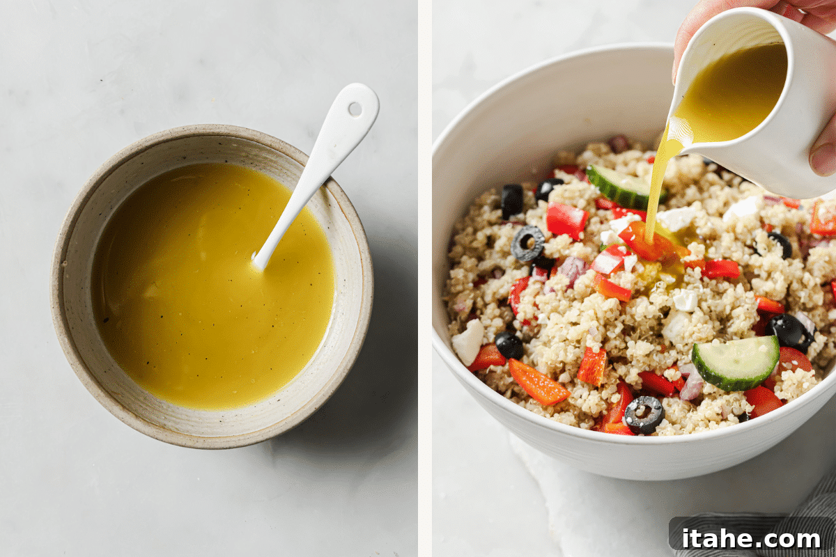 Left: homemade salad dressing in a small bowl. Right: Greek quinoa salad in a large bowl with dressing being poured over.