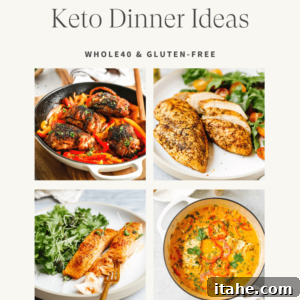 Effortless Keto Dinners 6 A collage of comforting keto dinner ideas, featuring hearty chili and other low-carb delights.