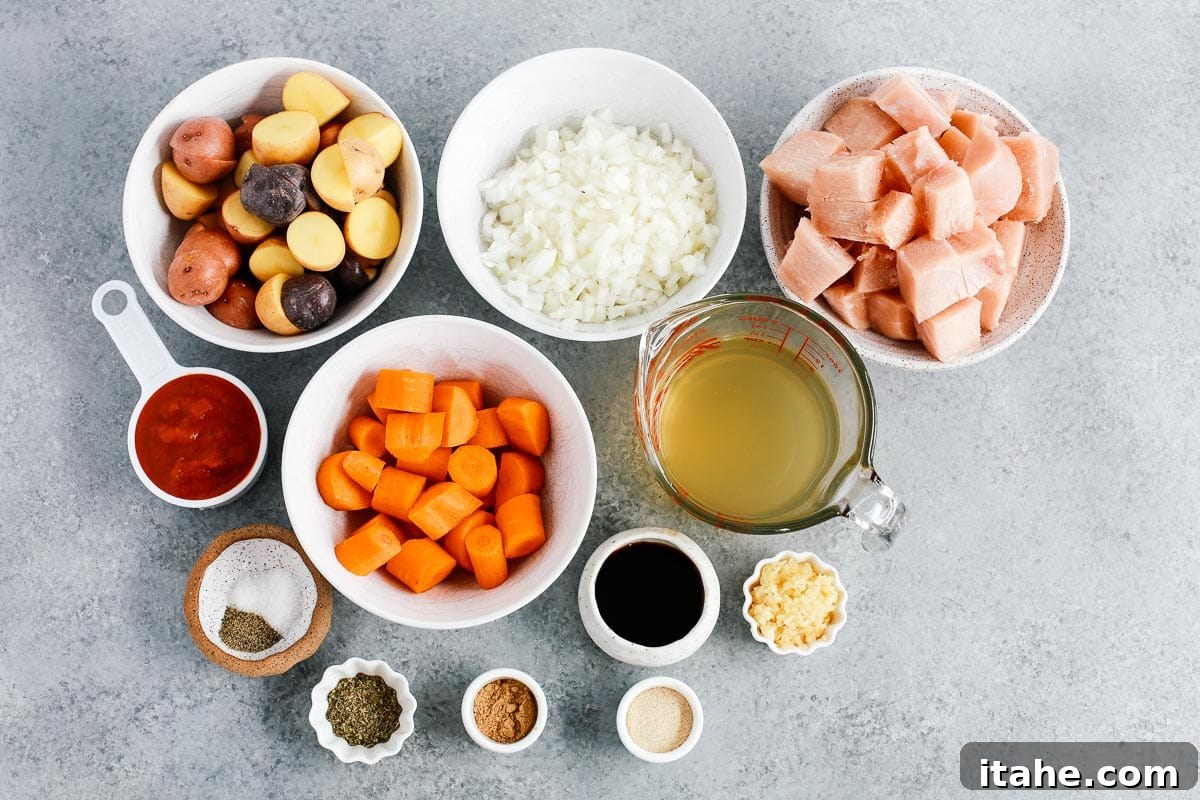bowls of ingredients to make a chicken stew recipe
