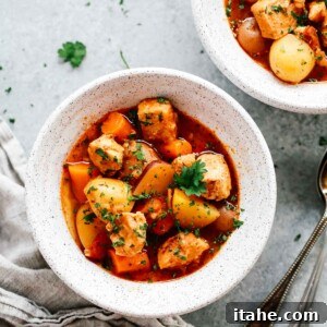 overhead view of two bowls of Instant Pot chicken stew