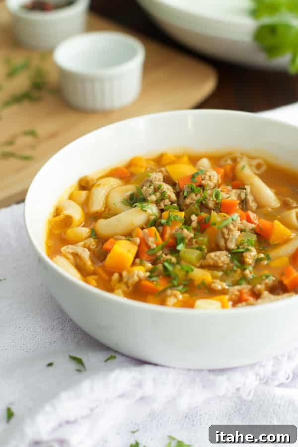 A comforting bowl of Ground Turkey Pasta Soup.