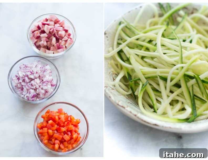 Two photos showing raw vegetables diced and fresh zucchini noodles ready for soup.