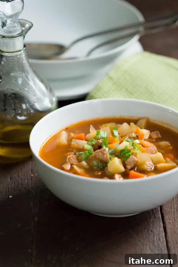 A hearty bowl of Turkey Sausage Vegetable Soup.