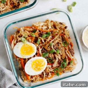 Unwrapped Egg Roll Bowl 7 overhead view of an egg roll in a bowl recipe in a glass container