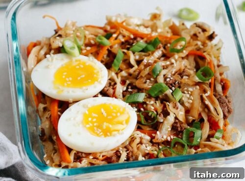 Unwrapped Egg Roll Bowl 11 closeup view of egg roll in a bowl