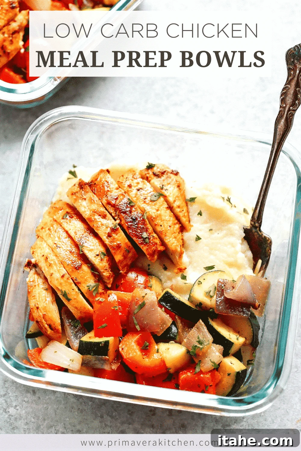 overhead view of an low carb chicken recipe in a glass container 