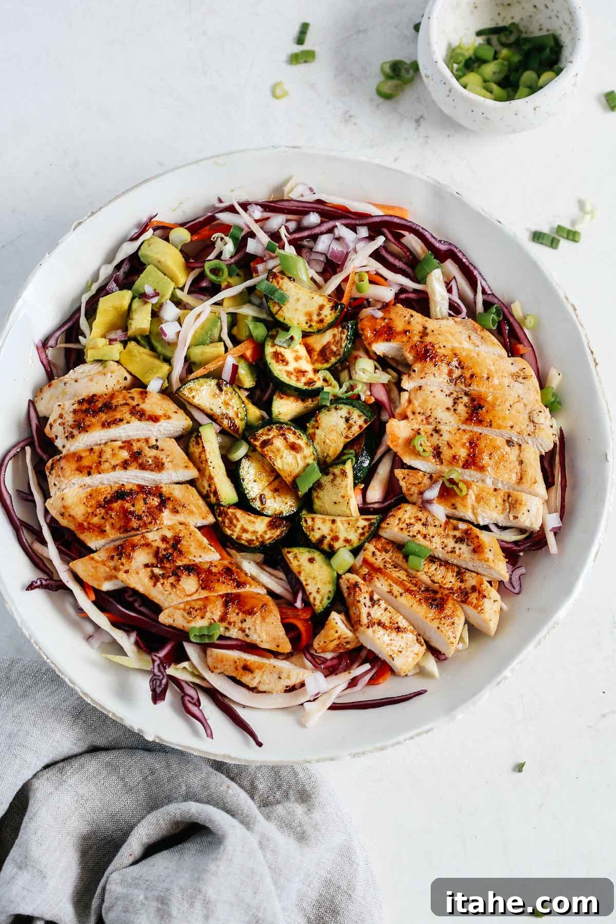 Overhead view of a beautifully arranged cabbage salad with grilled chicken in a white bowl, ready to be served.