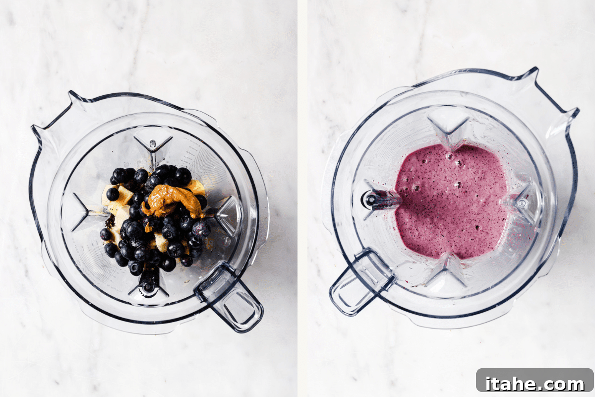 Left image shows various smoothie ingredients including fresh blueberries, frozen banana, and liquids inside a blender pitcher. Right image shows the same ingredients perfectly blended into a smooth, creamy blueberry banana smoothie inside the blender, ready to be poured.