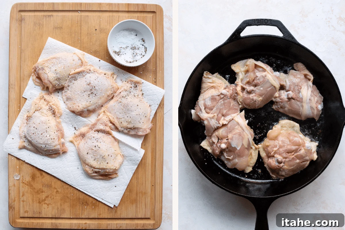 Left: raw chicken thighs seasoned with salt and pepper. Right: seasoned raw chicken thighs in a cast iron skillet. 